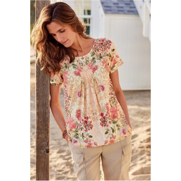 Soft Surroundings Cusabo Top Leopard and Floral Print Size Medium Cream Pink - Picture 1 of 16